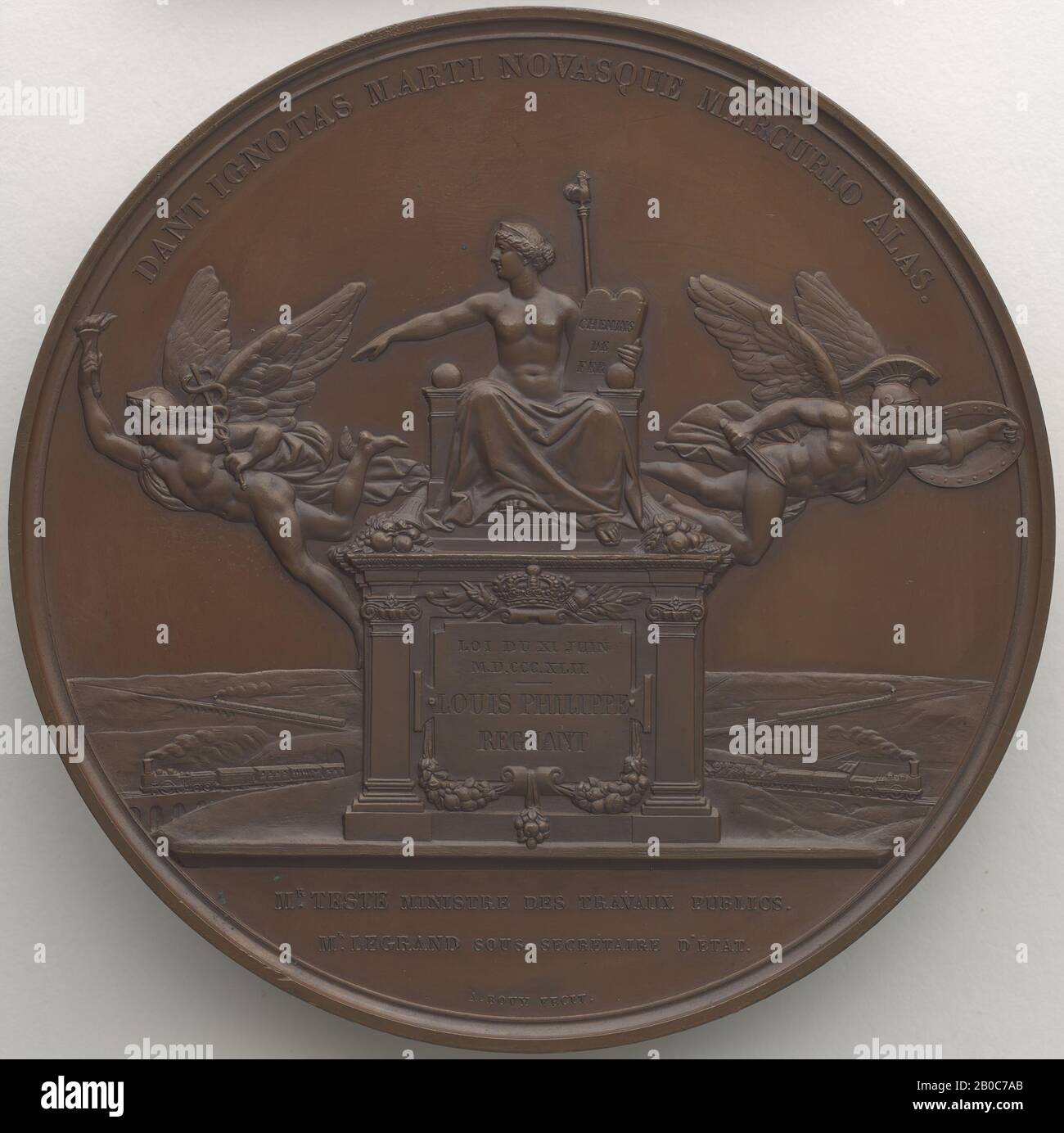 Antoine Bovy, Louis Phillipe I (1773-1850), King of France 1830-1848, 1842, copper, 4 7/16 in. (11.3 cm.), This medal, depicting King Louis Philippe I, commemorates the 1842 establishment of the French Railway System. The neoclassical rendition of Louis Philippe I's portrait on this medal strictly follows the precedent set by Napoleon I, who oftentimes depicted himself in a style reminiscent of the Caesars. The personification of France on the reverse holds railroad tablets and is flanked by winged Commerce and Mars. The composition alludes to the economic and military application of railroads Stock Photo