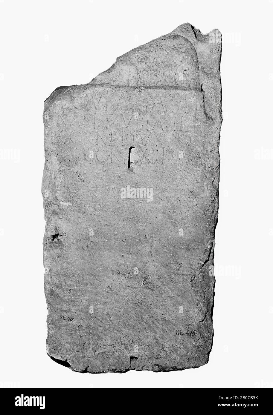 Headstone of limestone, of which the upper part has been lost. A part of an animal with hairy fur remains there. Below that the inscription. With one broken fragment, inscription, tombstone, stone, limestone, 125 x 60 x 19 cm, 242 kg, roman, Germany Stock Photo