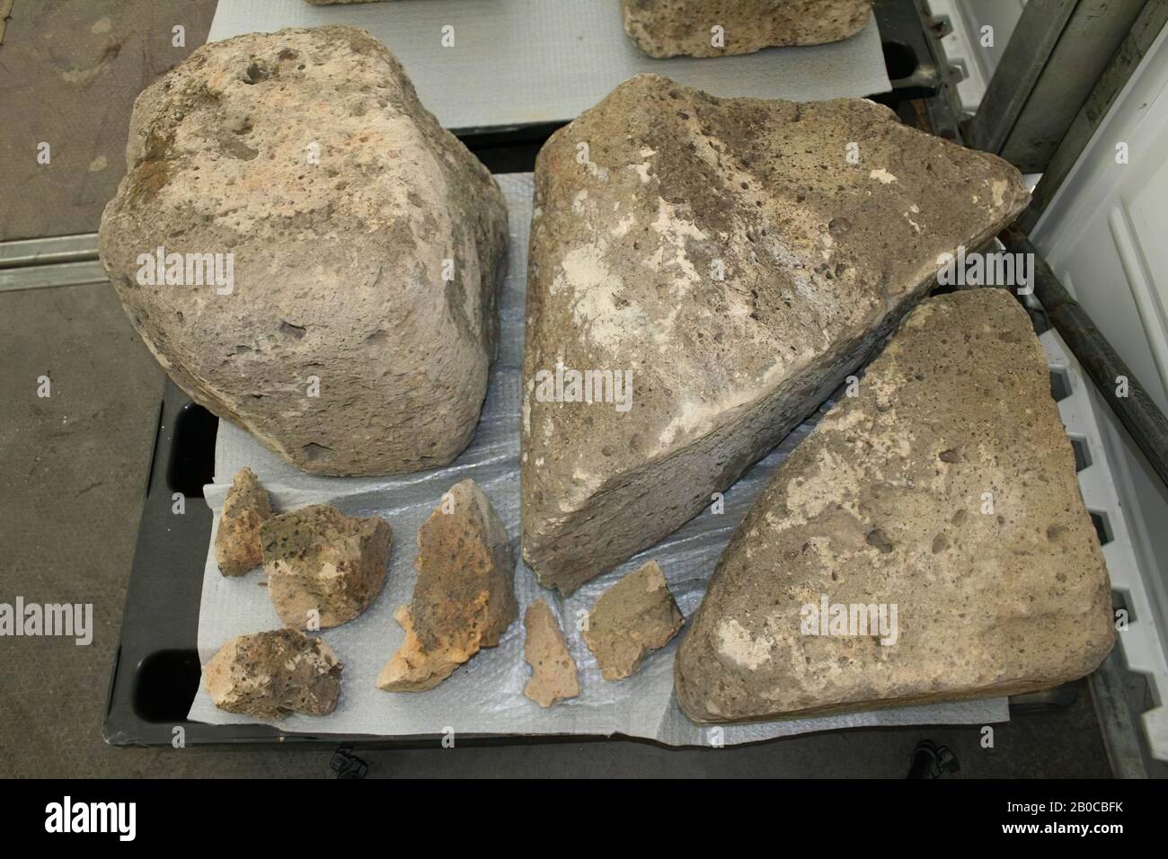 Building fragment of tufa stone, building fragment, stone, tuff, 12 x 10.5 x 10 cm (f), 211 kg (a-i together), Netherlands, unknown, unknown, unknown Stock Photo