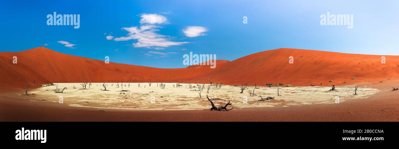 Panorama of red dunes and dead camel thorn trees in Deadvlei, Namibia Stock Photo