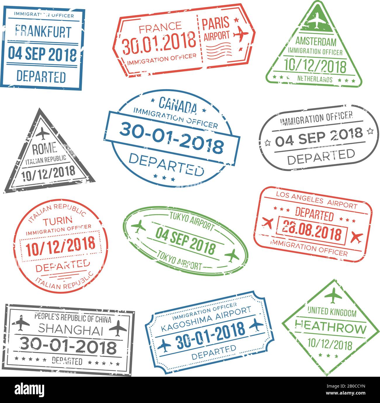 Visa passport stamp for travel. Immigration to China, Italy, Can Stock Vector