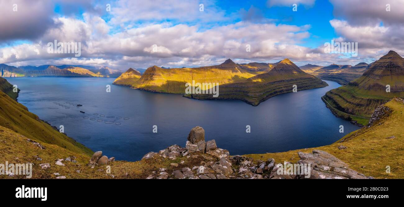 Panorama of fjords near the village of Funningur in Faroe Islands, Denmark Stock Photo
