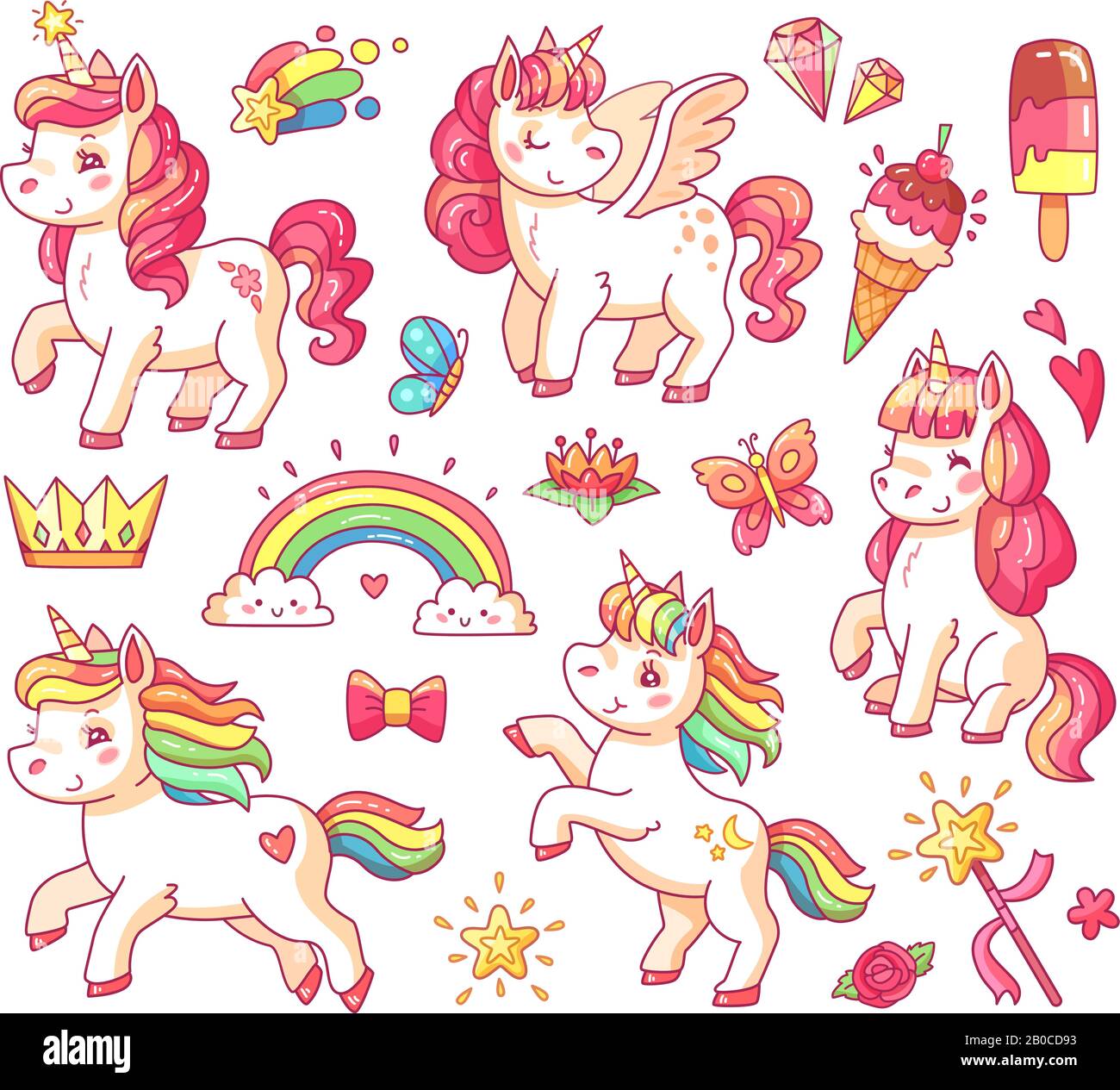Cute flying baby rainbow unicorn with gold stars and sweet ice creams. Magic little pony fantasy unicorns cartoon vector set Stock Vector