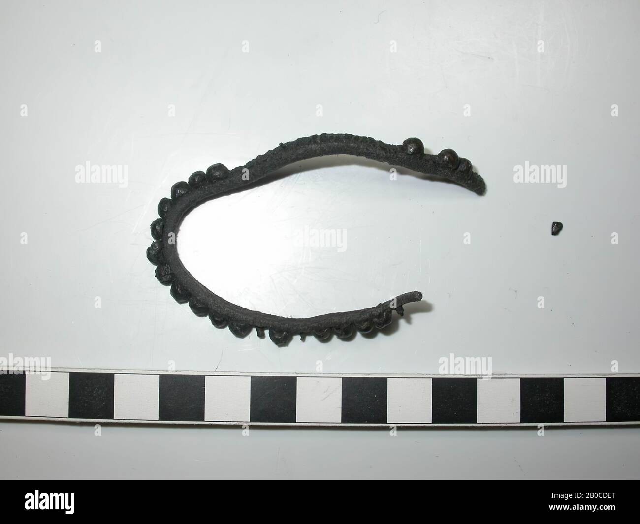 Fragment leather belt with fittings. On the belt are 19 studs of lead with cap of copper alloy and 4 some decorative nails. About 11 decorative nails with a cap are missing on the belt. The color of the batter is dark gray to black because of the corrosion of the lead. There is no space between the caps and the fittings are as wide as the leather. The diameter of the batter is 0.45 - 0.5 cm and the thickness is 0.35 cm., Belt with batter, organic, leather, metal, copper alloy and lead, Belt: L: 13.4 cm, B: 0 , 45 cm, D: 0.3 cm, end of the 14th century 1350-1400, the Netherlands, South Holland Stock Photo