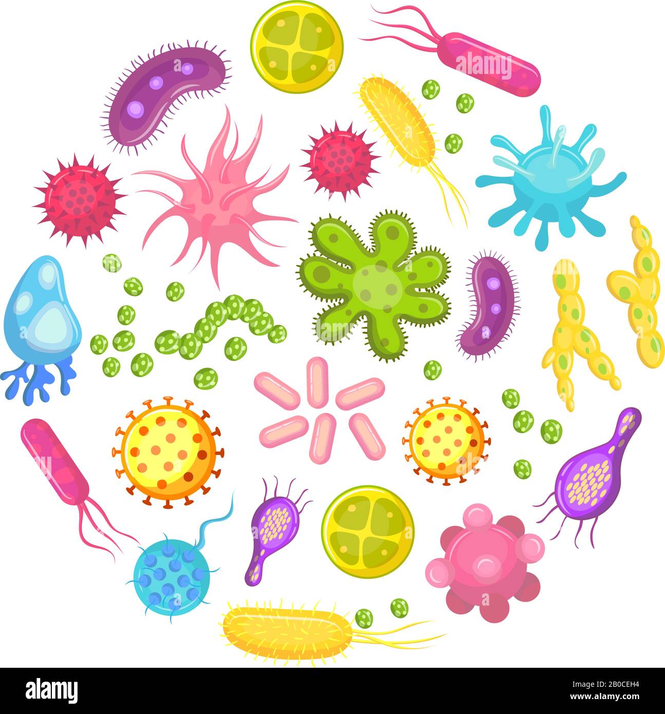 Microorganism, bacteria, virus cell, disease bacterium and fungi cells. Micro organism, diseases and viruses cartoon vector icons Stock Vector