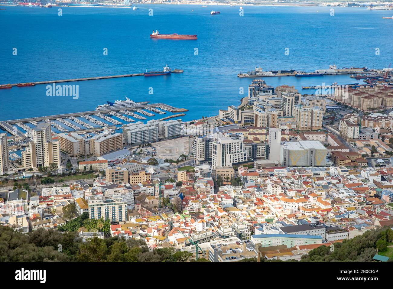 Panorama from birds perspective of the city and port of Gibraltar Stock Photo