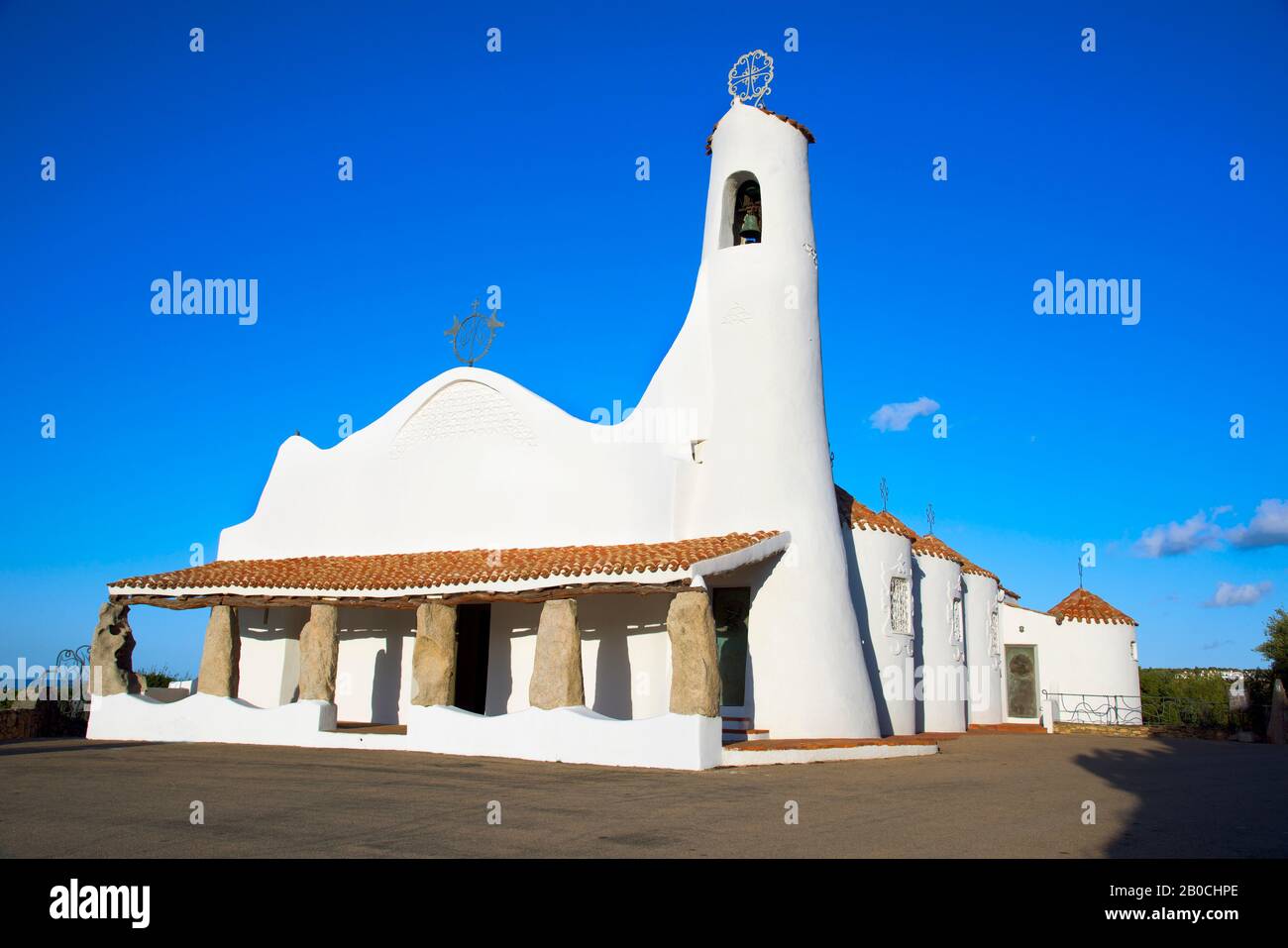 PORTO CERVO, ITALY - SEPTEMBER 21, 2017: A view of the Stella Maris Church in Porto Cervo, in Sardinia, Italy, built in the 1960s by the architect Mic Stock Photo