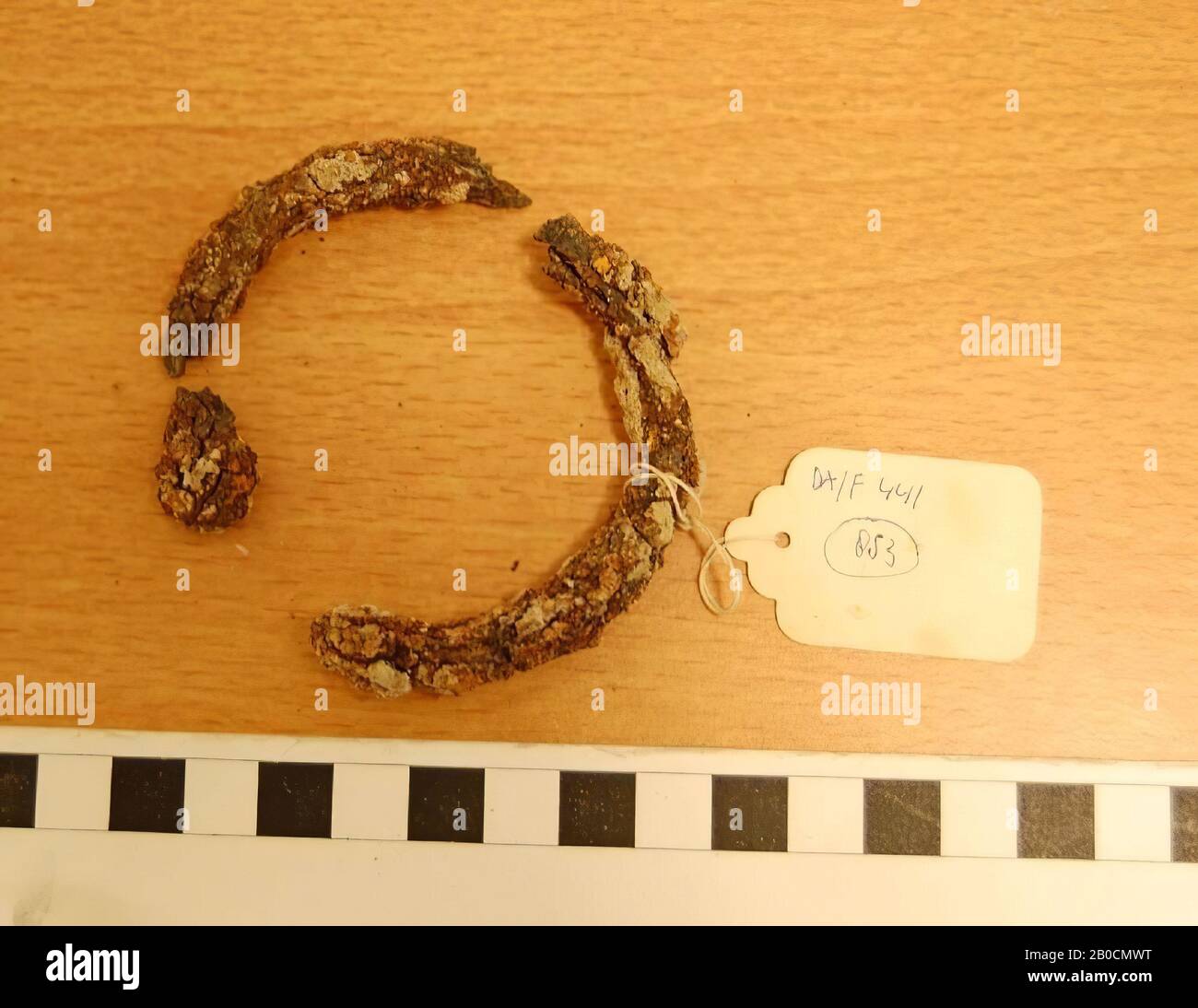Iron bracelet with two thickened ends, broken in three, corroded, grave inventory, jewelery, iron, D 7.4 cm, Islamic Period 1250-1600 AD, Jordan Stock Photo