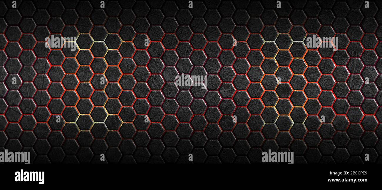 dark hexagon background and red light with real texture. 3d ...
