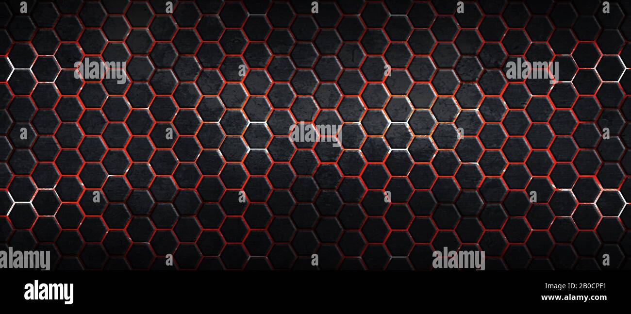 dark hexagon background and red light with real texture. 3d ...