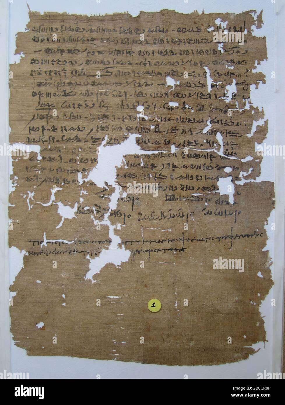 arrest warrant, fragment, Fragment papyrus, more or less rectangular (portrait format) with all sides authentic but damaged. The fragment bears the rest of a column demotic in black ink of 17 lines at the front. Above, right and left are narrow blank margins, underneath is a two-line Greek inscription, followed by a large margin. The text contains an arrest warrant., The papyrus is mounted on white cardboard between plexiglass, with fragments F 2012 on the reverse side of the cardboard Stock Photo