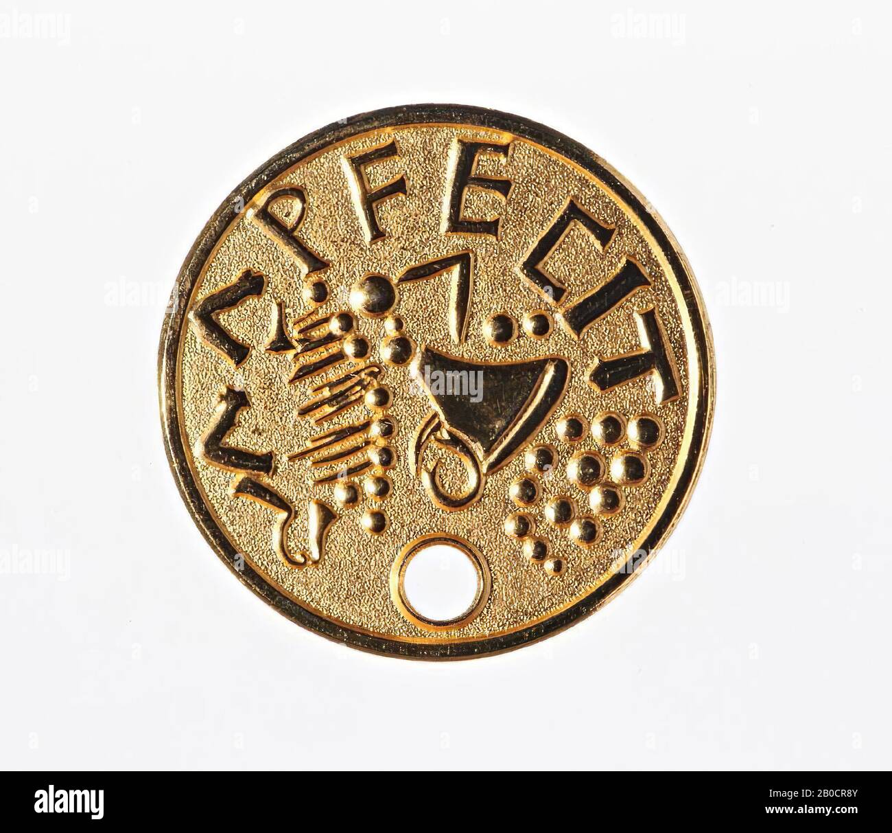 Key ring with an imitation coin from the Archaeological Consultancy RAAP, www.raap.nl, RAAP FECIT, keychain, metal, aluminum ?, Length: 8 cm, modern 2012 Stock Photo
