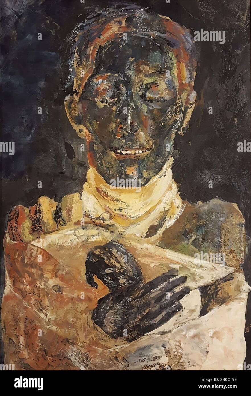 Thutmosis IV, Painting by the artist Riky Schellart-van Deursen (1942-2013), portrait format, depicting the king mummy of Thutmosis IV in the Egyptian Museum in Cairo (CG 61073). The mummy is shown lying down and face down. Depicted is the upper body under a predominantly white shroud with the uncovered head and hands, the latter painted in dark shades, against a dark background., Painted in encaustic on panel of hardboard, framed in blank wooden frame. Marked on the back in pencil and ballpoint pen: Riky Schellart-vDeursen Stock Photo