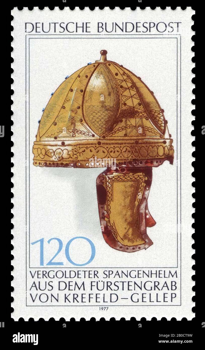 Stamp with serrated edge, on a white background the image of a gilded Spangenhelm by Krefeld-Gellep from the collections of the Museum Burg Linn in Krefeld., Stamp, paper, 4,3 x 2,5 cm, circulation 8,650,000, modern 16 August 1977 Stock Photo