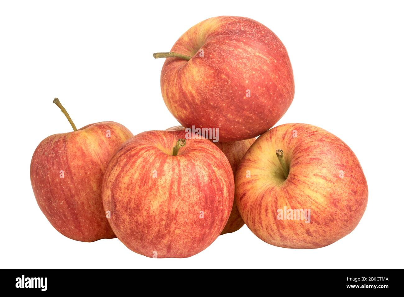 image still life of four apples with ponytails on a white background Stock Photo