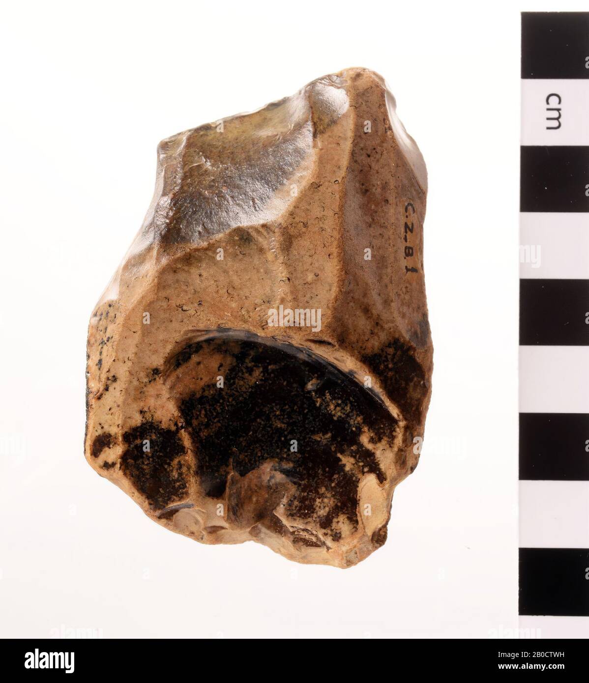 A slightly rolled and heavily patinated Levallois core, more or less rectangular in shape and with two processing platforms. A significant exit negative has caused the core to become unusable. The core is marked in the previous collection with CZB1, Levallois core, flint, 7.3 x 5.1 cm, thickness 2.1 cm, 85.3 g., Mid-paleolithic 240,000-120,000 BC, Netherlands, Zeeland, Sluis, Cadzand Stock Photo