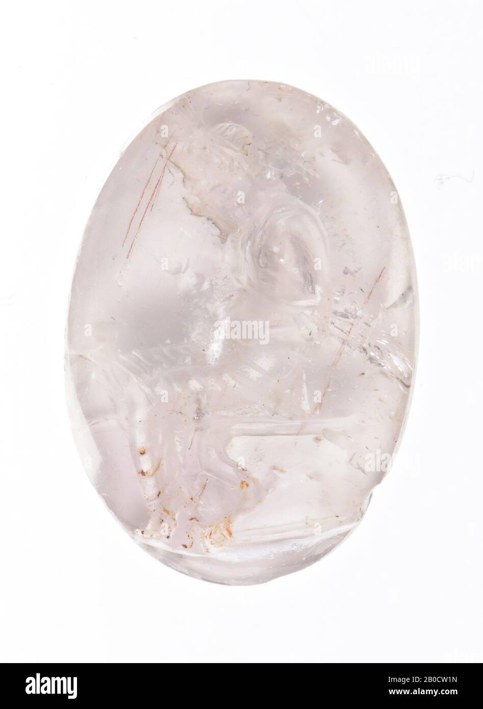 Vz: the goddess is dressed in a chiton and wears a lotus flower fastened with a string to her head. She has a small Horus child on her lap, the child has small curls and carries an extensive crown., Gem, intaglio, ringstone, amethyst, Color: light purple, Shape: oval, Machined: Maaskant-Kleibrink, M., Catalog of the engraved gems in the Royal Coin Cabinet, 1978, p.60, fig.2, type 3A, obverse convex, Method: deep body modeling with very rounded drills, detailling with, 19 x 13 mm, D. 5 mm, 3rd century v. Chr. -300 Stock Photo