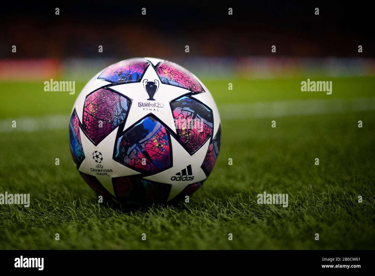Milan, Italy - 19 February, 2020: The 'Istanbul 20' official Adidas match  ball for 2020 UEFA Champions League final is pictured prior to the UEFA  Champions League round of 16 first leg