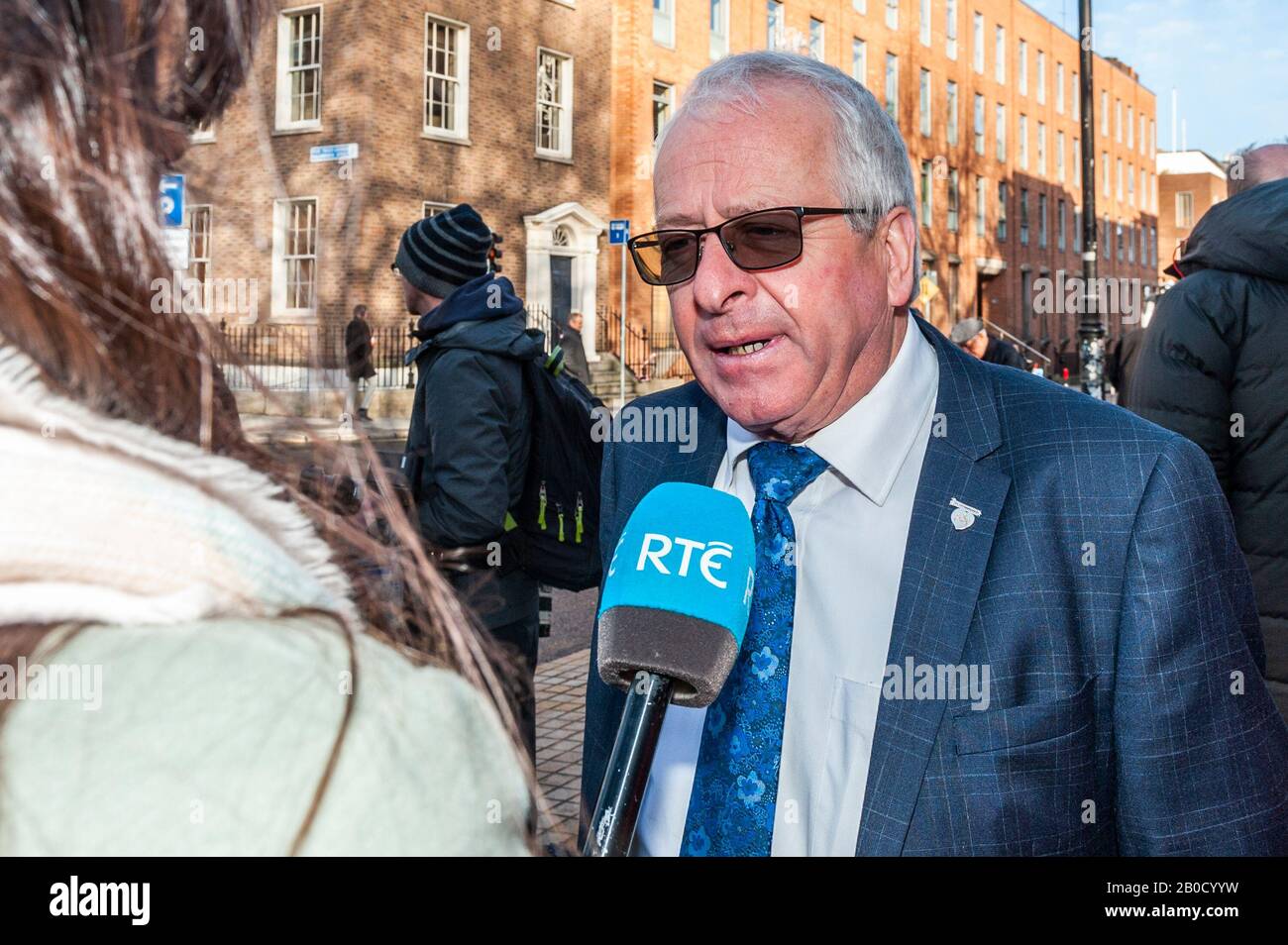 Dublin, Ireland. 20th Feb, 2020. Mattie McGrath TD (Ind) is interviewed on the first day of the 33rd Dáil. Credit: Andy Gibson/Alamy Live News Stock Photo