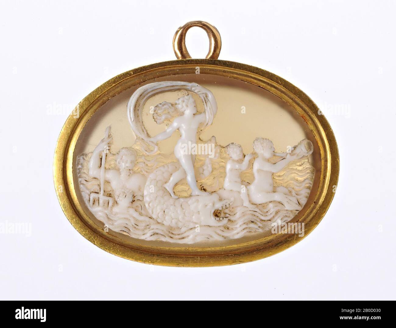 Vz: Venus on sea monster standing to the right with fluttering veil, Neptune is visible on the left side, half in the waves, with its trident, on the right is Cupid on the back of Tritoon, cameo, sardonyx, 2 layers, Color : white Stock Photo