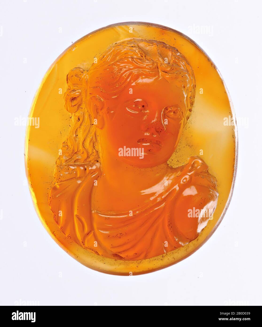 Vz: bust of young woman, frontal, head turned slightly to the right, long wavy hair tied with bow, sleeveless robe, cameo, carnelian, Color: orange, Shape: oval, standing, Processing:, Method of production :, 20 x 17 mm, D. 6 mm, wt. 2.46 gr., 18th Stock Photo