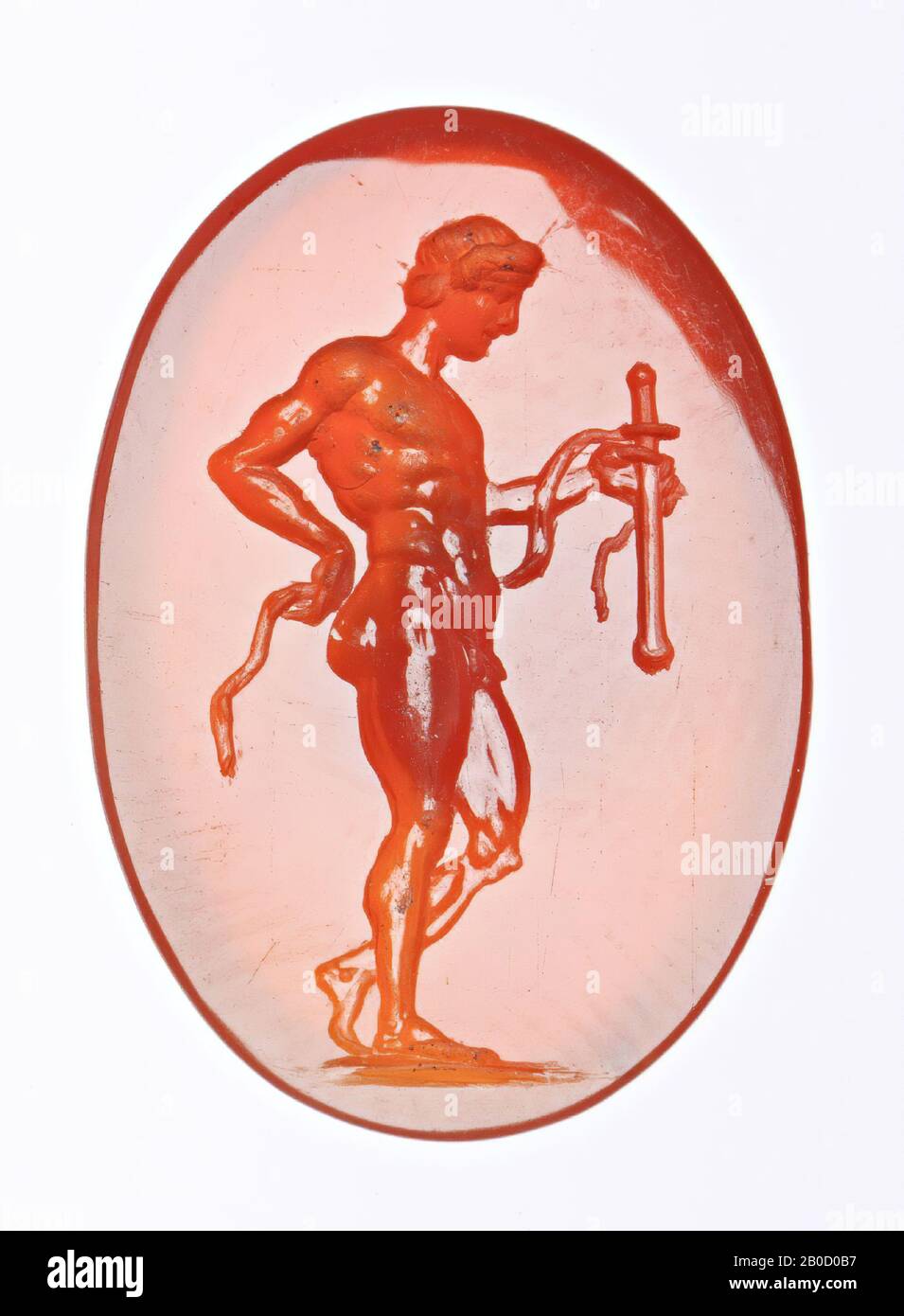 Vz: standing man to the left, right arm holds club, ground line, gem, intaglio, carnelian, Color: orange, Shape: oval, standing, Processing:, Method of manufacture:, 21 x 14 mm, D. 2, 5 mm, wt. 1.33 gr., 18th century 1700-1800 Stock Photo