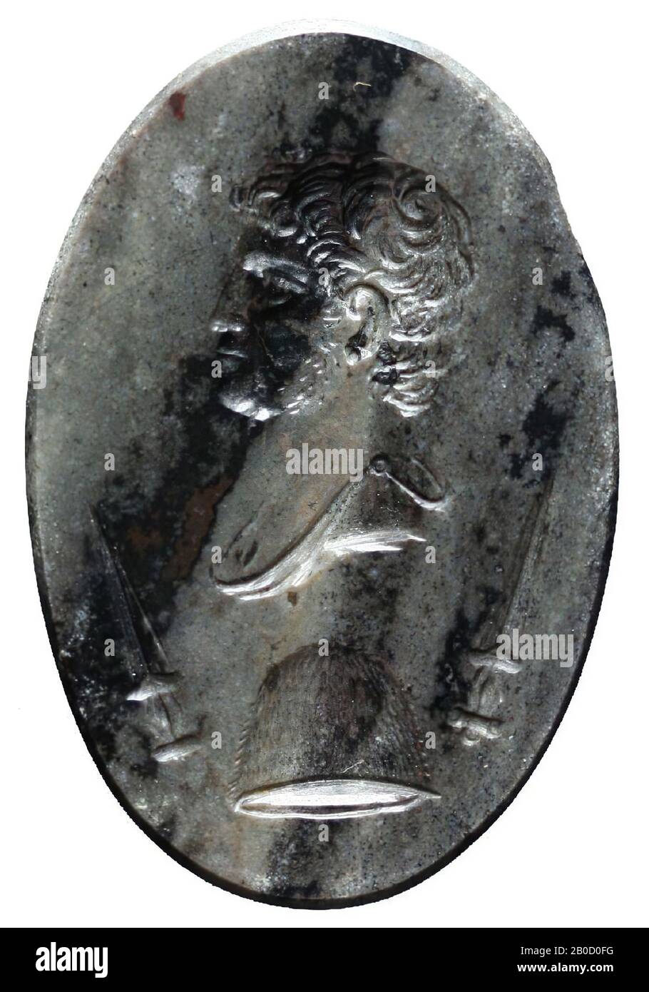 Vz: bust of man and profile to the left, 2 swords, unknown object in field, Brutus, gem, intaglio, jasper, Color: gray black, Shape: oval, standing, Processing:, Method:, 37 x 25 mm, D. 3 mm, wt. 5.21 gr., 18th century 1700-1800 Stock Photo
