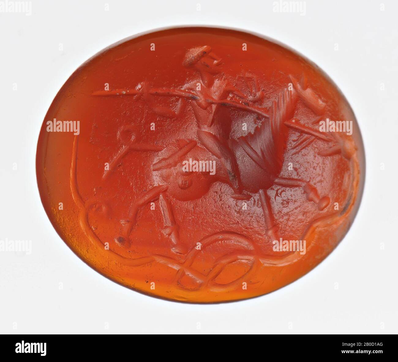 Vz: St. George on horseback to the right, lance in mouth of dragon, twining beneath him, stinging, gem, intaglio, carnelian, Color: orange, Shape: oval, lying, Processing :, Method :, 14 x 17 mm, D. 5 mm, wt. 1.66 gr., 5th - 6th century AD. 400-600 Stock Photo