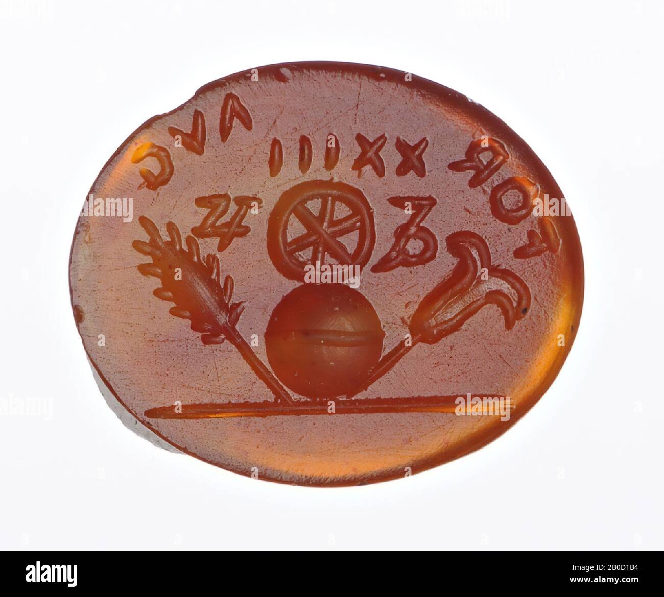 Vz: globe with above it a wheel, on the right a lily and on the left a plume, symbols, XX III, gem, intaglio, carnelian, Color: orange, Shape: oval, lying, Processing:, Method:, 12, 5 x 16 mm, D. 2 mm, wt. 0.64 gr., 16th Stock Photo