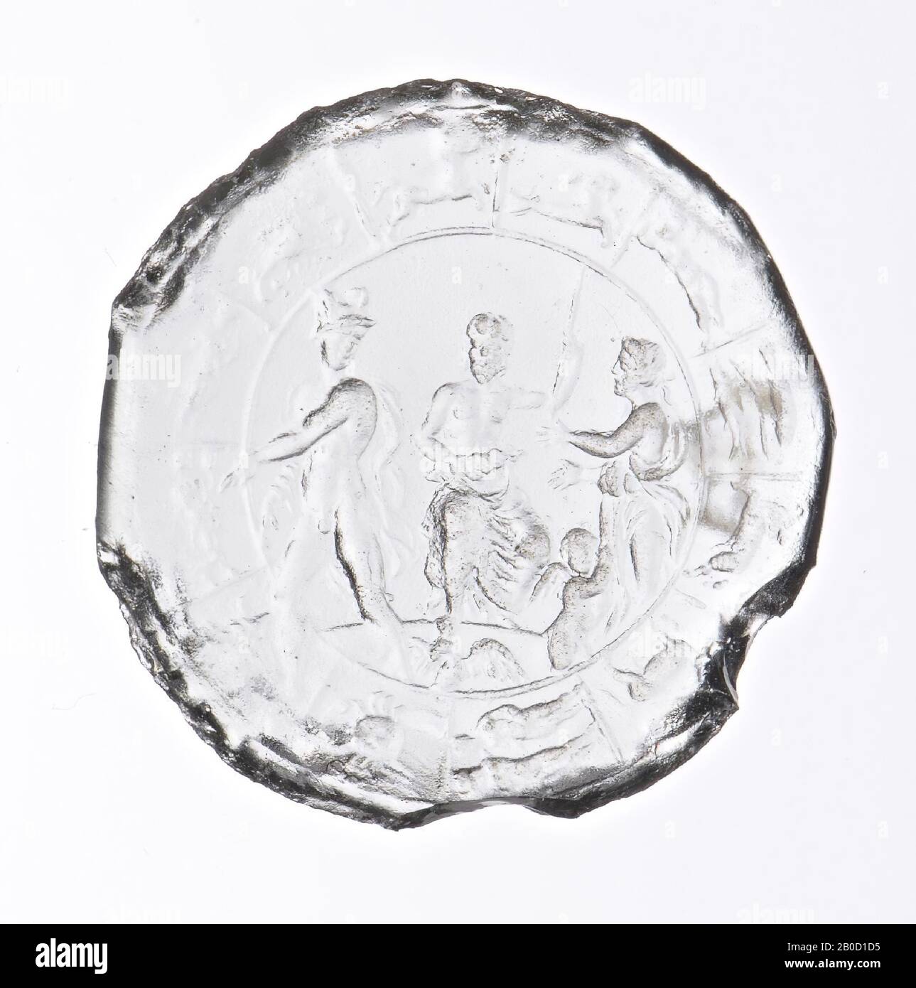 Vz: Jupiter sitting in the middle, on the left is Mercury, on the right are Venus and Cupid, zodiac signs around, gem, intaglio, glass, Color: gray, Shape: round, Processing:, Method:, 26.5 x 26 , 5 mm, D. 4 mm, wt. 4.51 gr., 18th century 1700-1800 Stock Photo