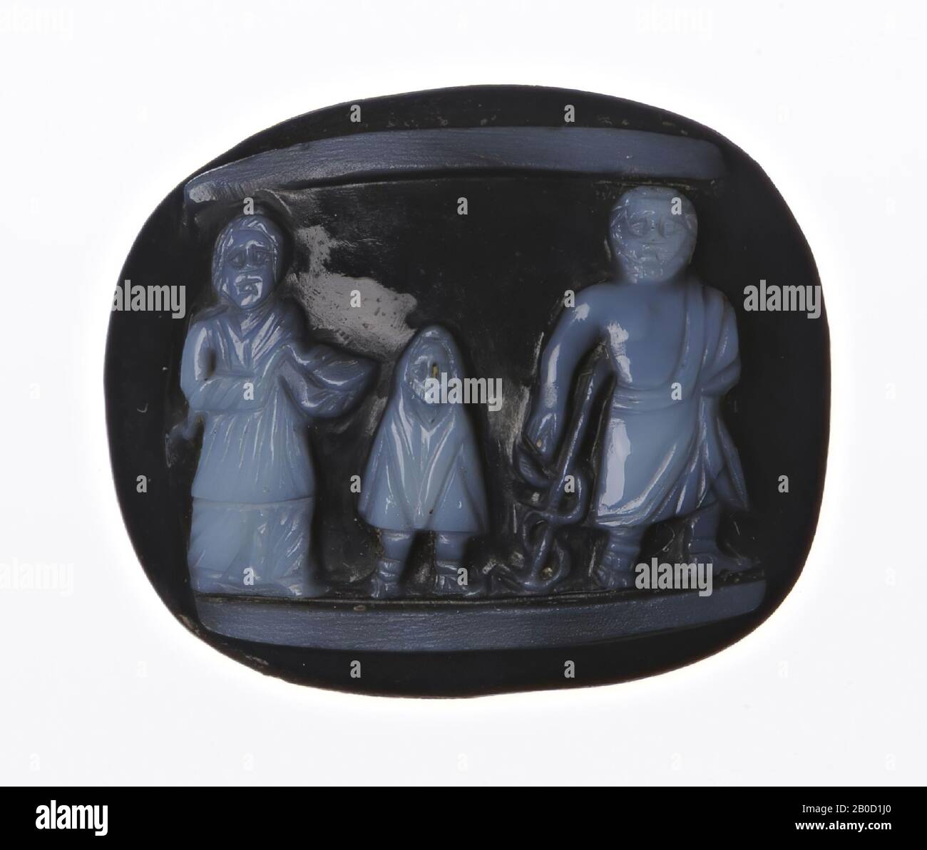 Vz: Aesculapius standing frontal with staff, left Hygieia with patera from which she feeds snake, in the middle state Telesphorus, top and bottom edge, cameo, agate, 3 layers, Color: blue white Stock Photo