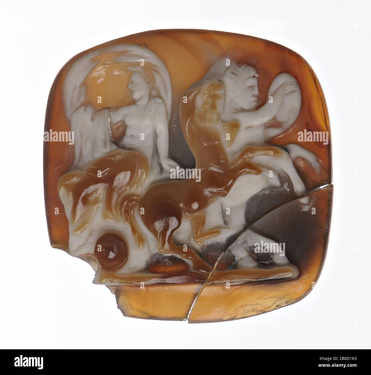 F: Bacchus and Ariadne (without head) under velum in biga, pulled by two centaurs to the right, cameo, sardonyx, Color: light brown Stock Photo