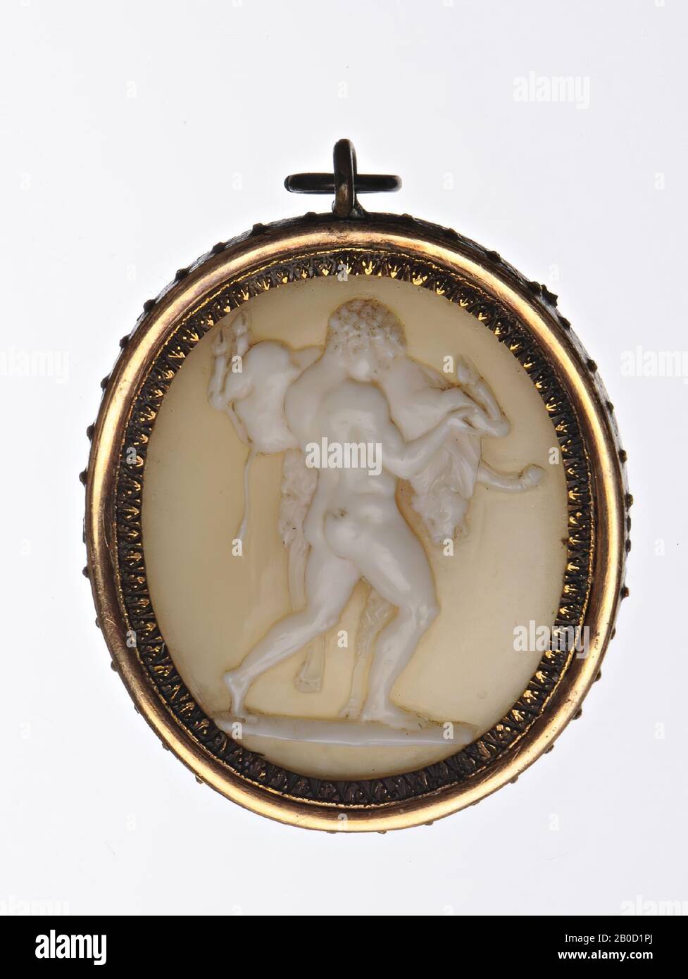 Vz: youthful Heracles standing to the right, in his arms he carries bull, ground line, cameo, shell, Color: white Stock Photo