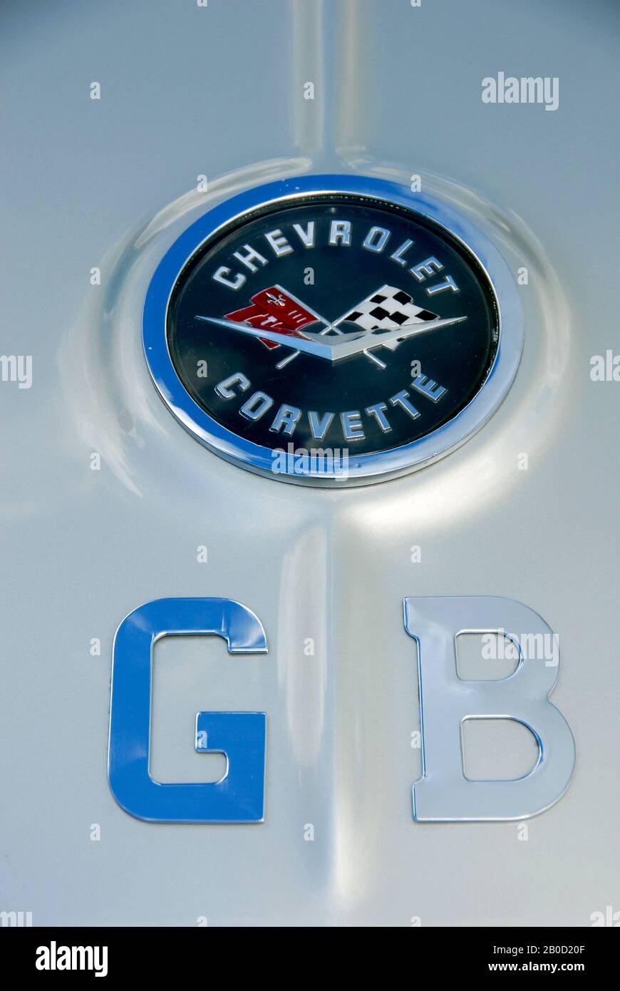 Badge and logo for Chevrolet Corvette car, with letters GB added, on vehicle at small local motor show Stock Photo