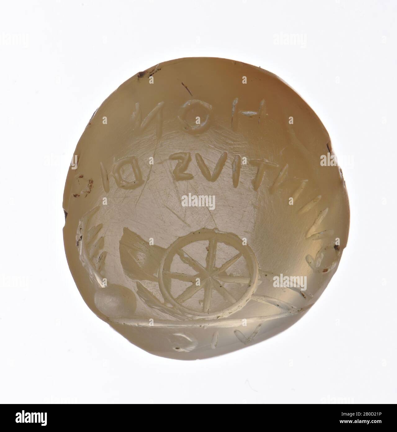 Vz: cart and ball with plume on it, ground line, gem, intaglio, chalcedony, Color: yellowish white translucent, Shape: oval, standing, Processing:, Method of manufacture:, 15 x 13.5 mm, D. 4 mm , wt. 1.33 gr., 17th century 1600-1700 Stock Photo