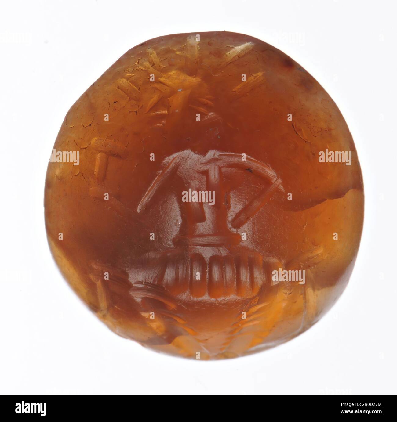 Vz: standing deity frontal, legs in o-shape, head and profile to the left, gem, intaglio, carnelian, Color: orange-brown cloudy, Shape: oval, standing, Processing: hollowing reverse (of course?), :, 16 x 14 mm, D. 5 mm, wt. ? gr., 4th - 6th century AD. 300-600 AD Stock Photo