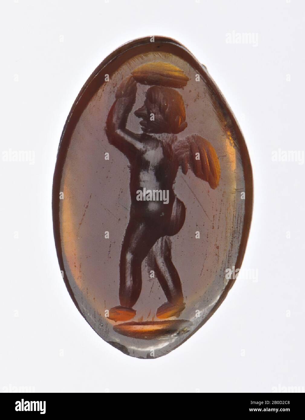 Vz: Cupid to the left, kissing? on the head, supporting with raised left arm, gem, intaglio, chalcedony Stock Photo