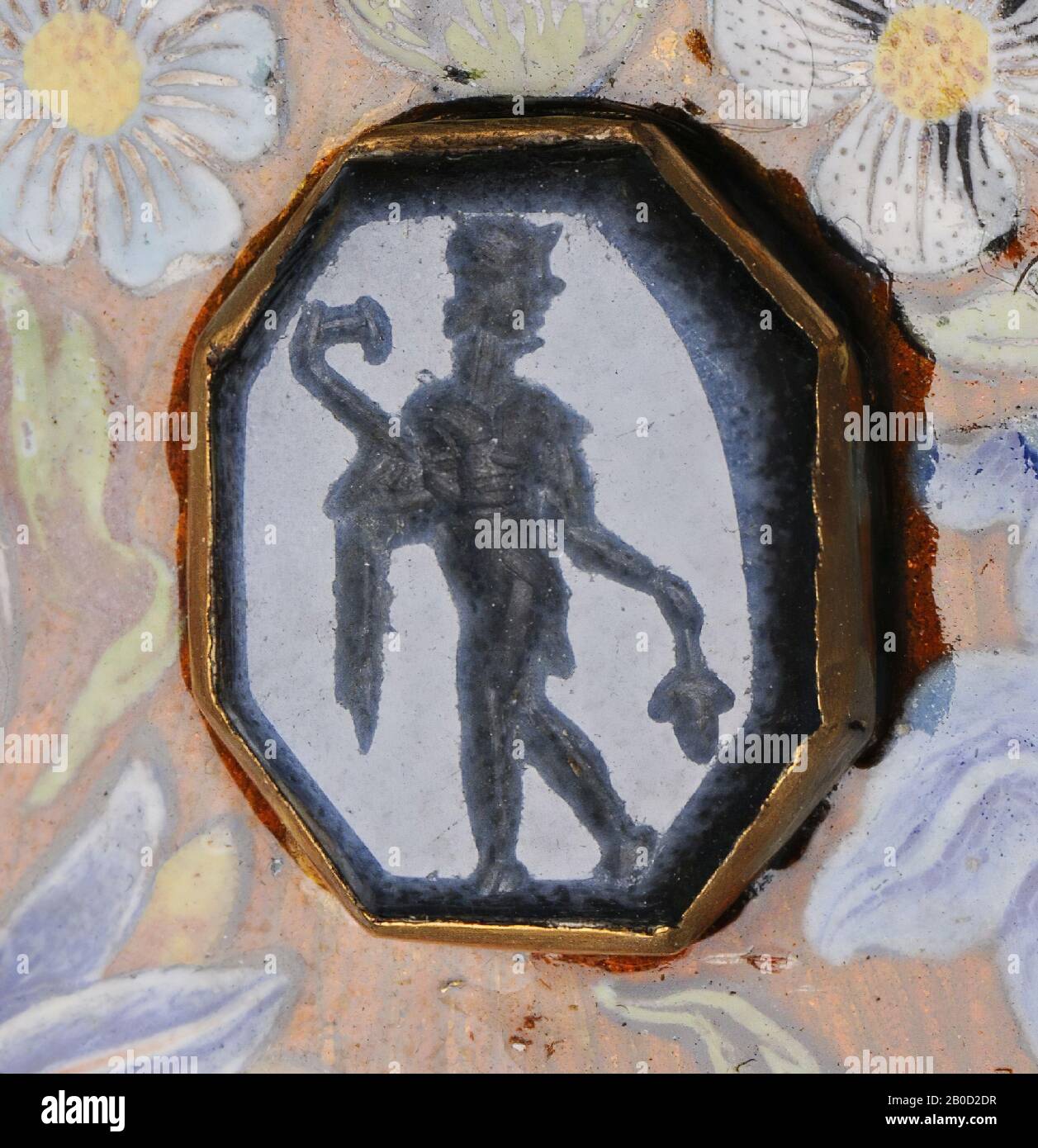 Vz: the figure runs to the left and has the head turned backwards, in his right hand he has a pedum and on the same arm a garment (nebris?) Draped, in his left hand an unidentified object., Gem, intaglio , agate, nicolo, Color: light blue Stock Photo