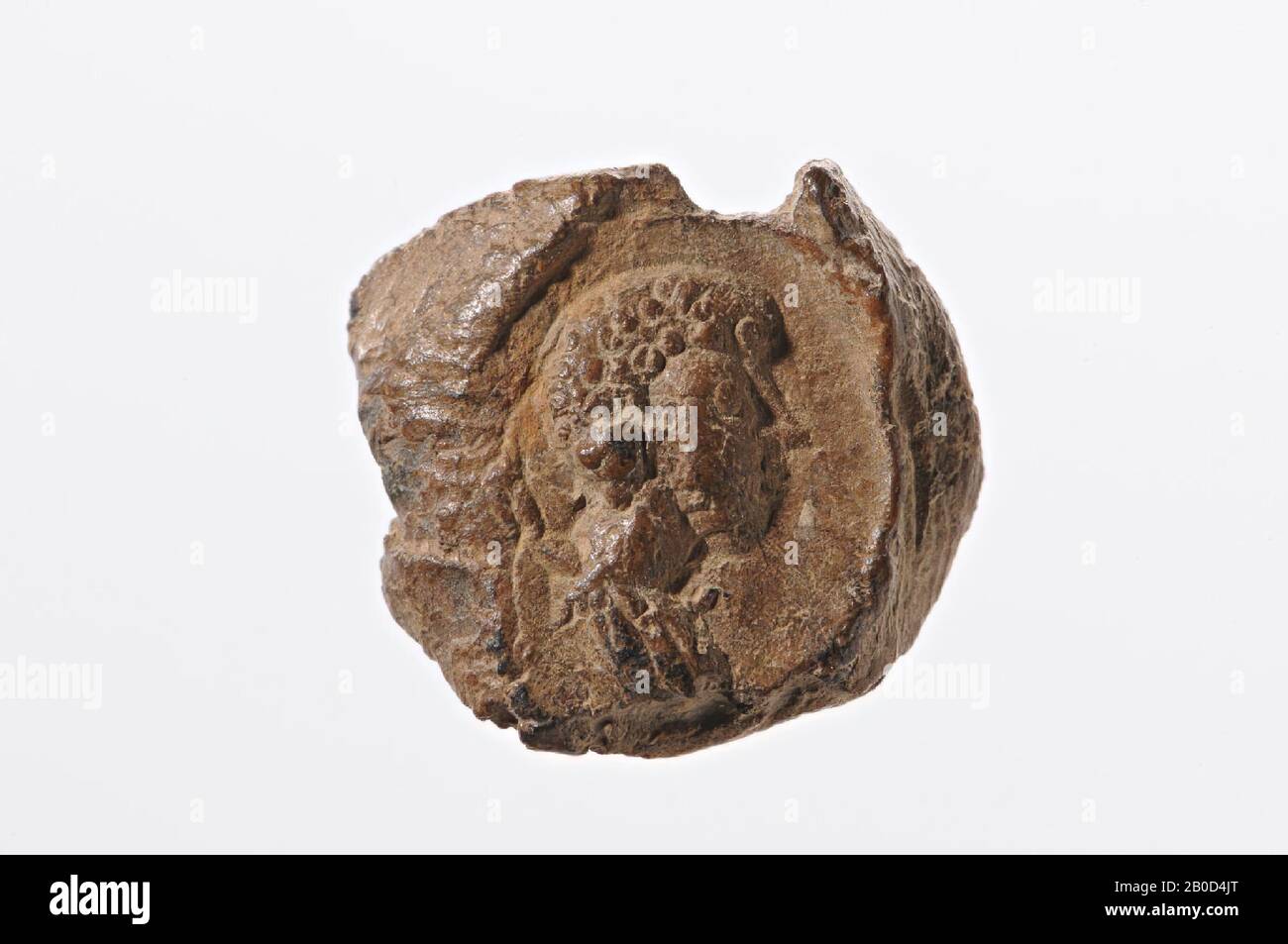 head of Mercury to the right, clay seal, dried clay, Color: red pink, Shape: round (intaille), Processing:, Method of manufacture:, Diam. 12 mm, end of period of the Roman Empire, Turkey Stock Photo