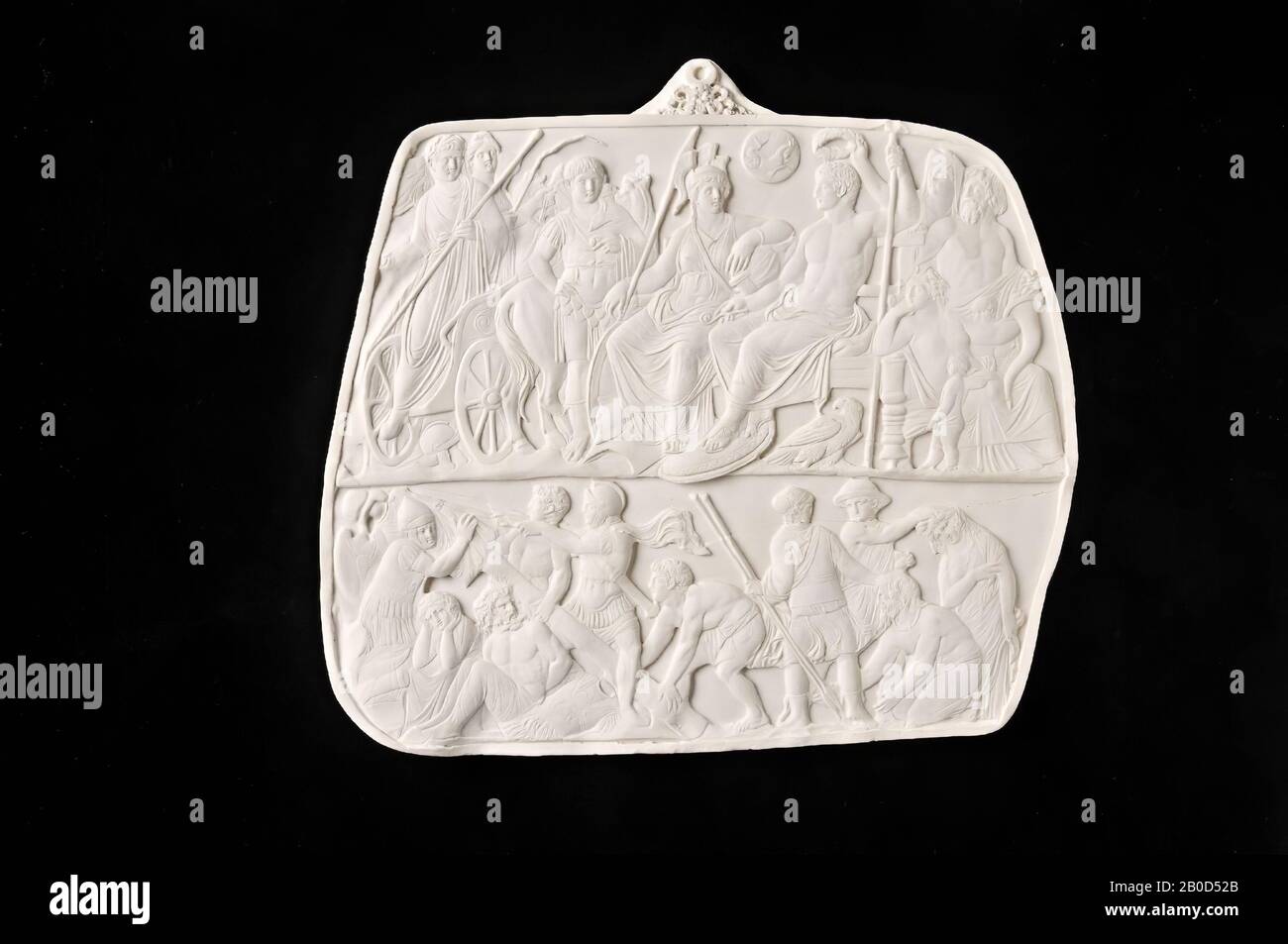 Top register: August with staff sitting on a throne next to Minerva, on the left a chariot, bottom register: soldiers set up a trophy, several prisoners seated or crouched on the ground. Hook on the back., Casting, plaster, Color: white, Form: irregular, Processing:, Type: casting, 23 x 21.2 x 1.8 cm, modern Stock Photo