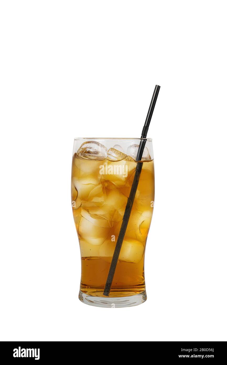 Single-color transparent cocktail, yellow refreshing carbonated in a high glass with ice cubes with apple, lemon, pear taste with black straw, Side vi Stock Photo