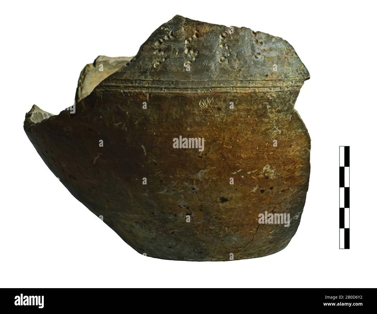 Bottom half of a biconical pot, decorated with grooves and single stamps or vertical undulating lines consisting of small dots, pot, earthenware, vmeb 610-625, Netherlands, North Brabant, Bergeijk, Bergeijk, Fazantlaan Stock Photo