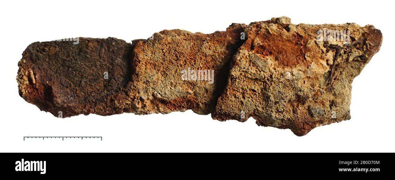 two fragments of an iron strap end, belt tongue, metal, iron, width: 82 mm, vmeb 640-700, Netherlands, North Brabant, Bergeijk, Bergeijk, Fazantlaan Stock Photo