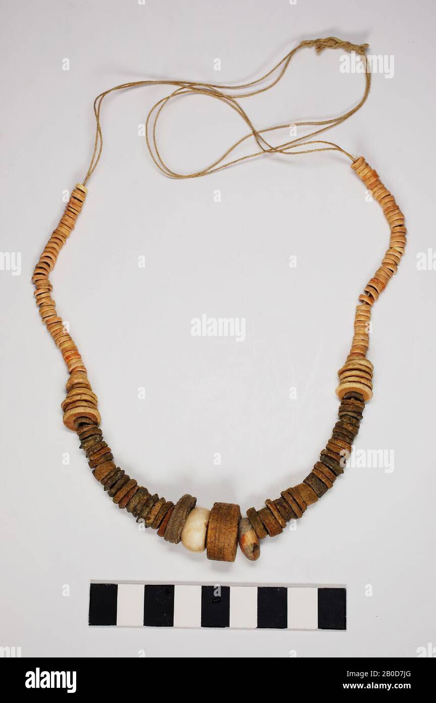 This is a chain that consists of parts of fossil (fragments of sea lily), ostrich egg, stone and shell, chain, eggshell, shell, fossil, various, Prehistory 8000-2000 BC, x Stock Photo