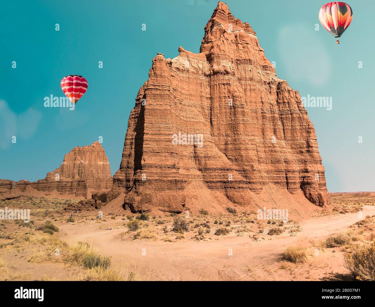 Temple of the Sun and Moon wideangle with hot air balloons at Capital Reef National Park in