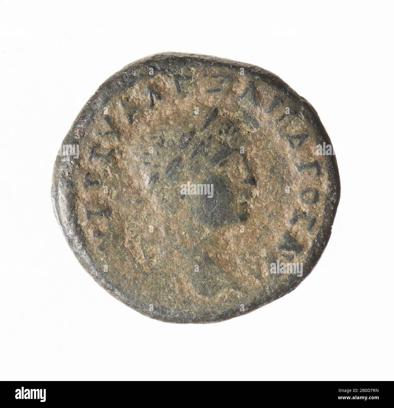 Obverse: Severus Alexander, right. Worn, remains of Greek inscription. Reverse: Three banners, middle is a fraction longer, with in between: NI-K-A-IE and below: WN., Coin, of Severus Alexander, metal, bronze, diam: 1.9 cm, wt. 4.84 grams, 222-235 AD, unknown Stock Photo