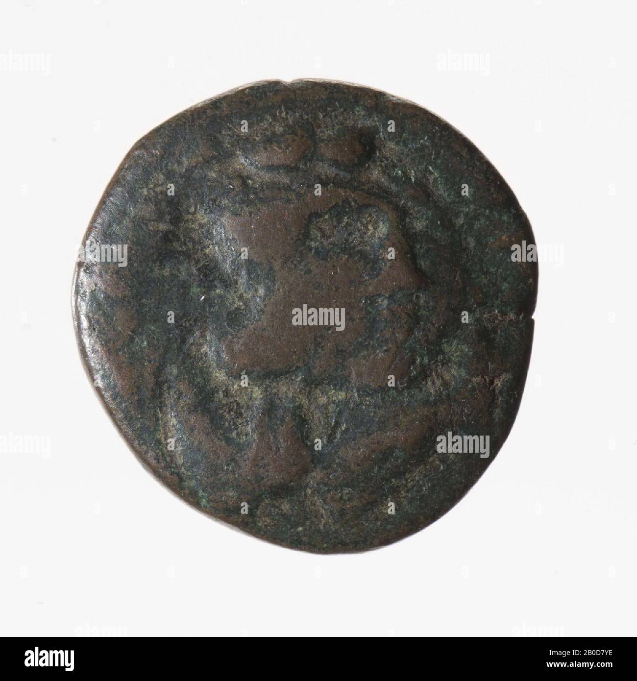 Obverse: Bust of Persephone, right. Strongly worn. Reverse: Poseidon, standing, right, right leg on stone, trident in left hand. Vertical Greek inscription., Coin, from Thebes, metal, bronze, diam: 1.9 cm, wt. 4.07 grams, 221-197 BC, unknown Stock Photo