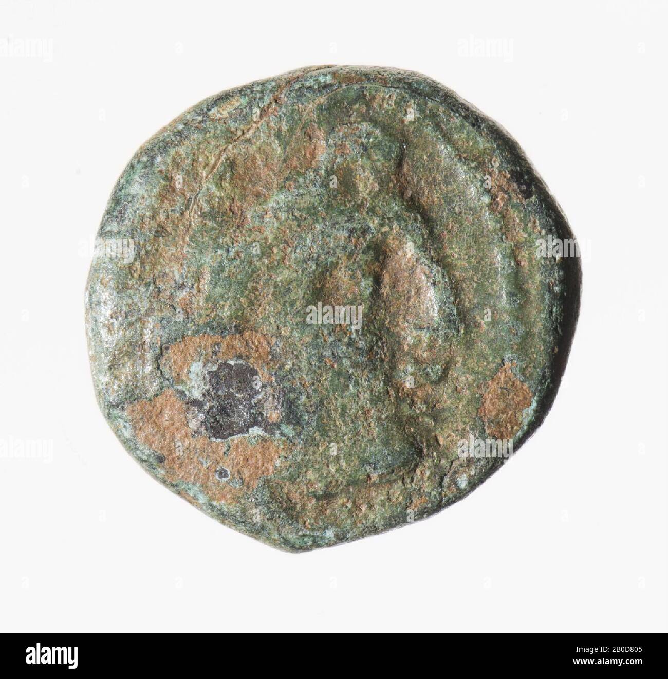 Obverse: Alexander as Heracles, with lion skin, right. Worn out. Reverse: Inscription between club and bow with quiver. ALEXANDROU, coin, by Alexander the Great, metal, bronze, diam: 1,5 cm, wt. 2.73 grams, 336-323 BC, unknown Stock Photo