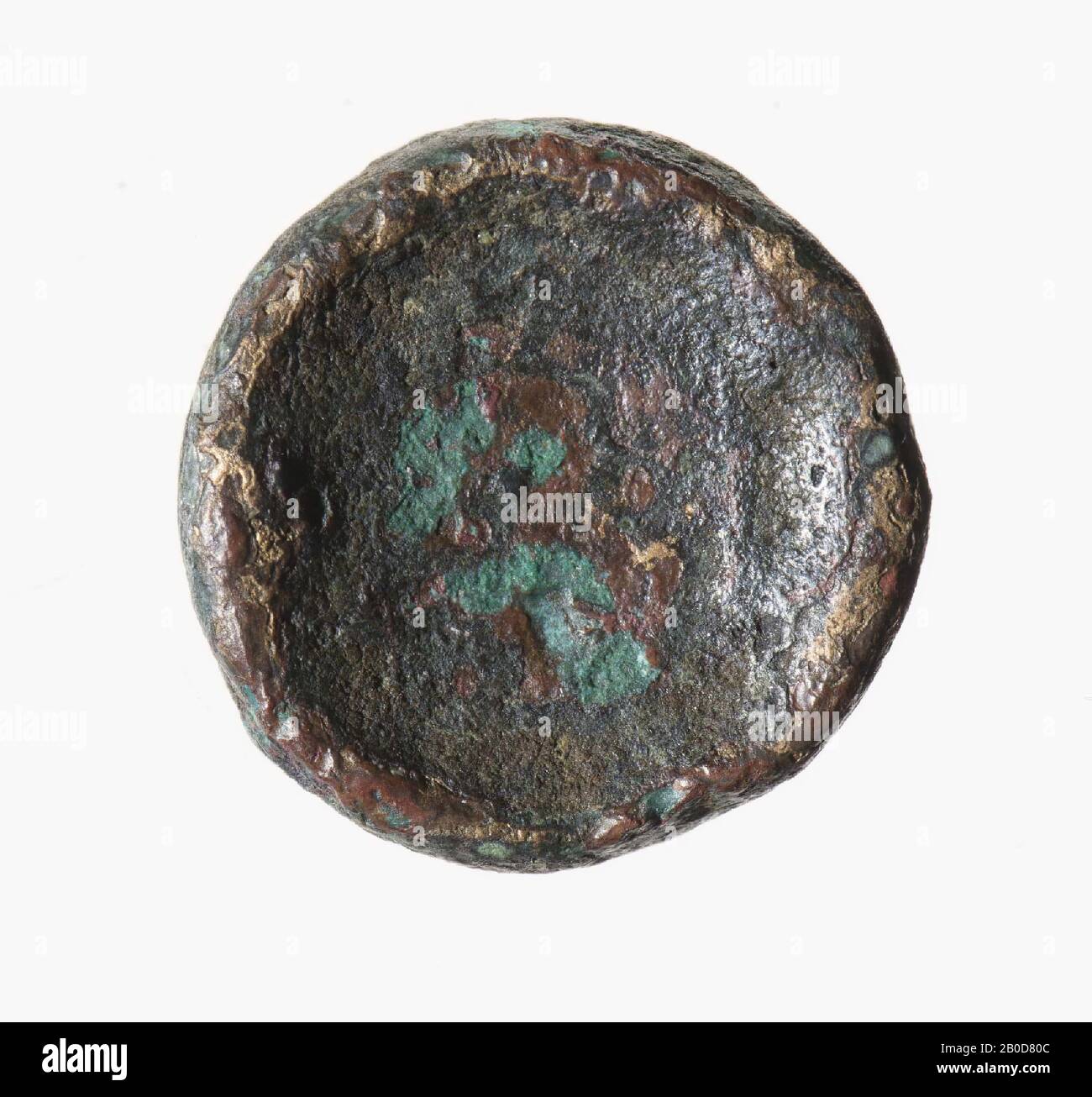 Front and back are hollow. Front: heavily worn, high-lying edge. Reverse: Round with three dots (triquetum). Strongly worn., Coin, Celtic, metal, bronze, diam: 1.6 cm, wt. 5.16 grams, unknown Stock Photo
