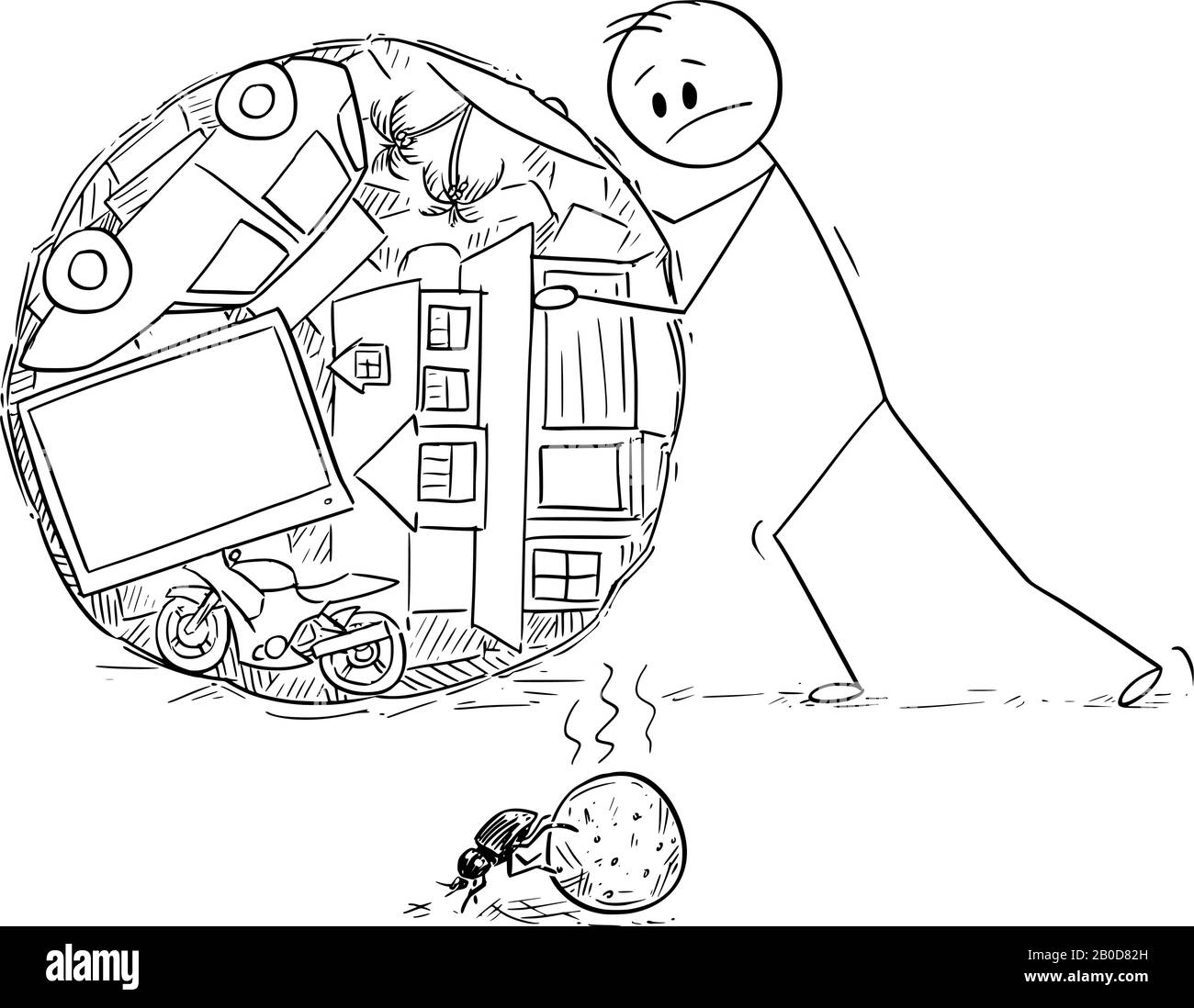 Vector cartoon stick figure drawing conceptual illustration of superficial man or businessman rolling ball of his wealth or property, and watching dung beetle doing the same with excrement. Stock Vector